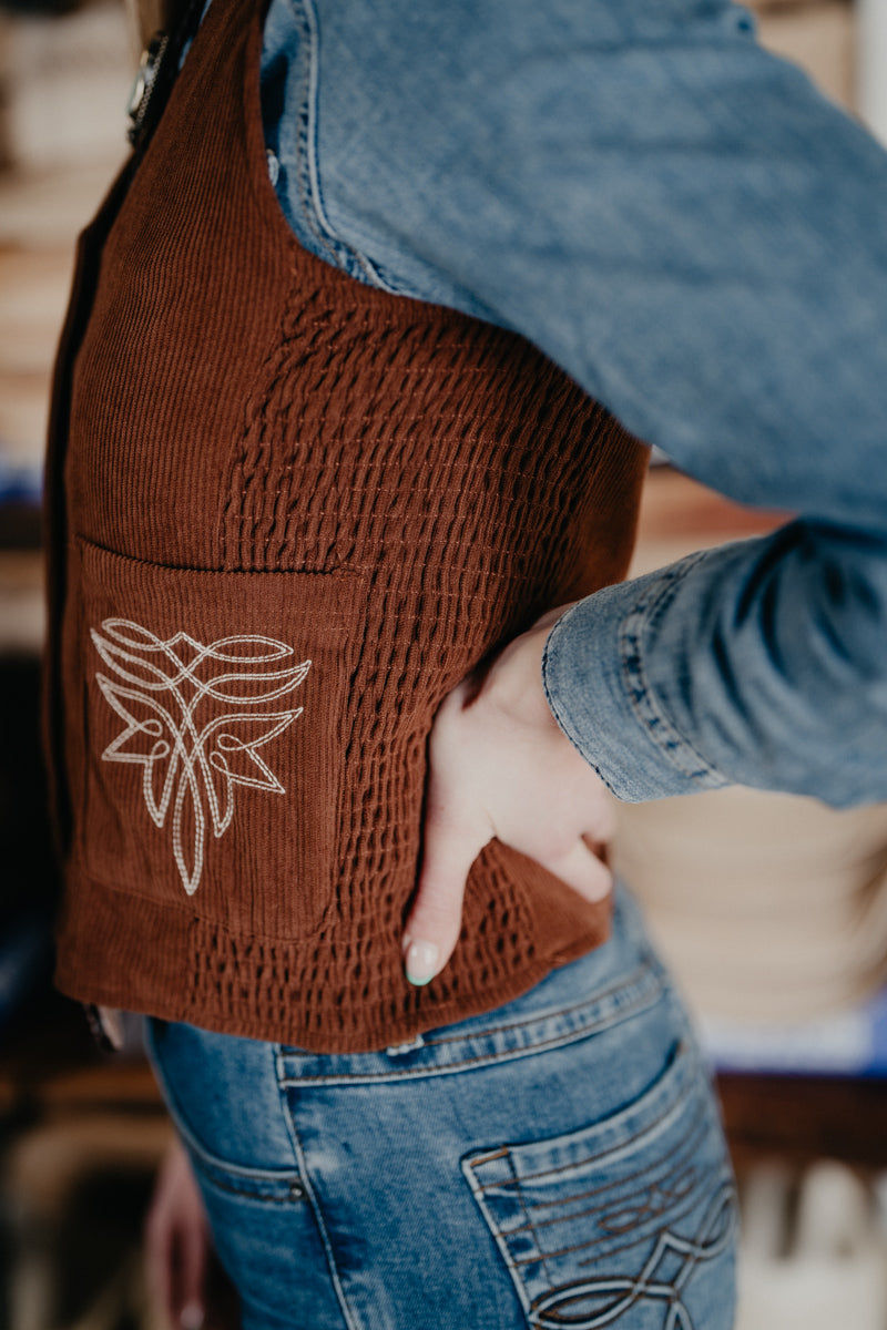 'Maren' Brown Cord Pearl Snap Vest with Bootstitch Detail (S-XL)
