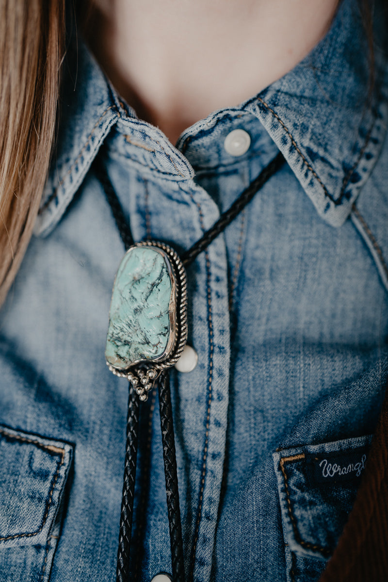 Turquoise Nugget Bolo Tie with Braided Black Leather