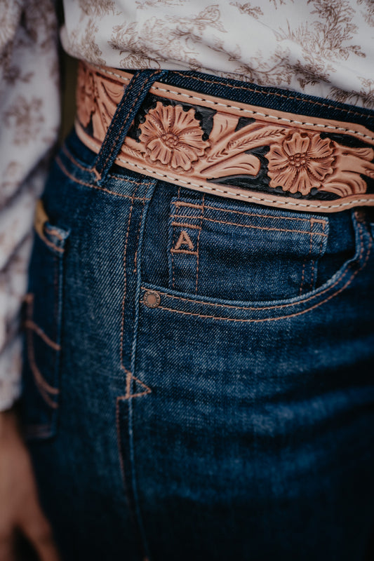 Tapered Black and Tan Floral Tooled Belt by Double J