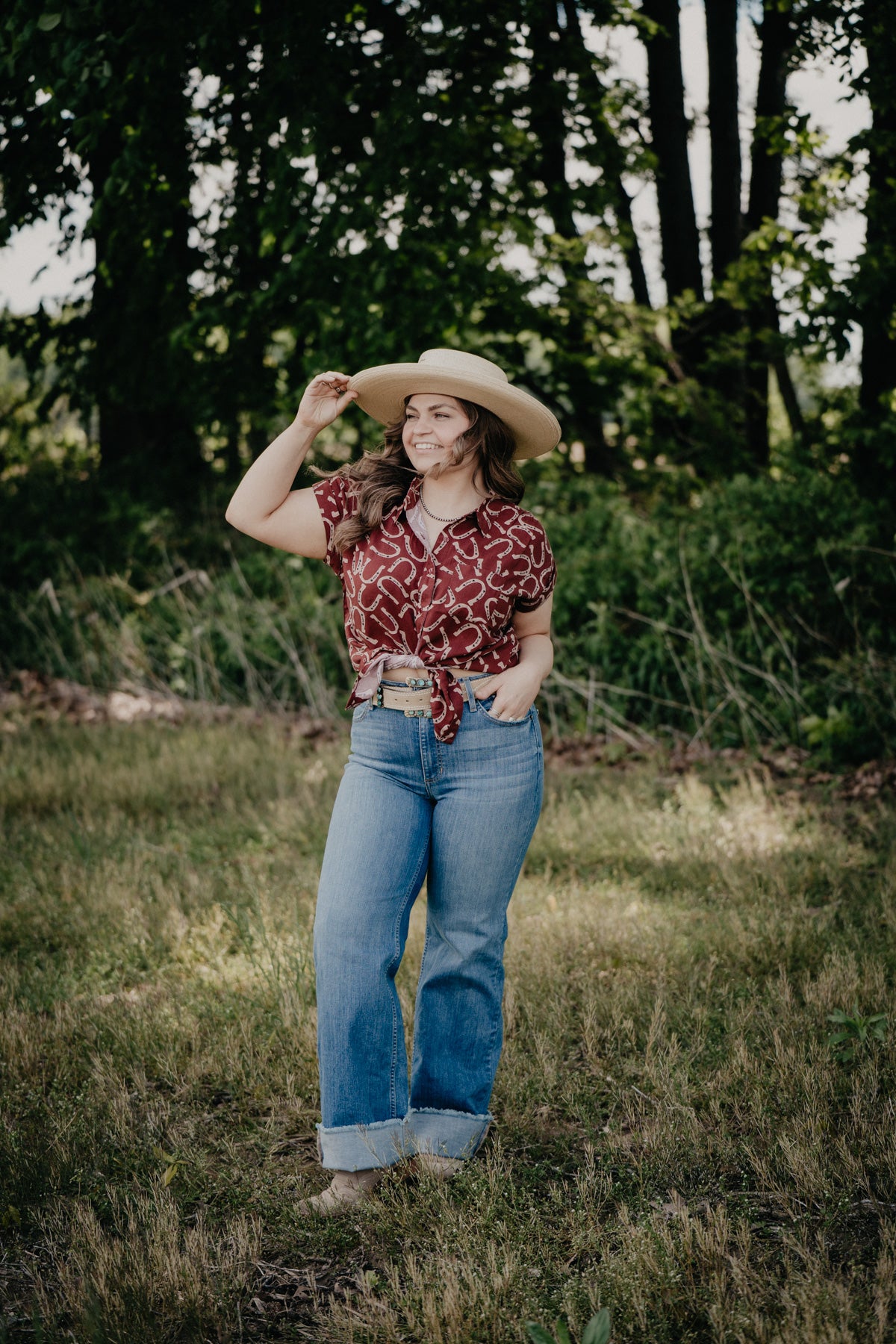 'Wyatt' Rust Horseshoe Short Sleeve Collared Shirt (L Only)