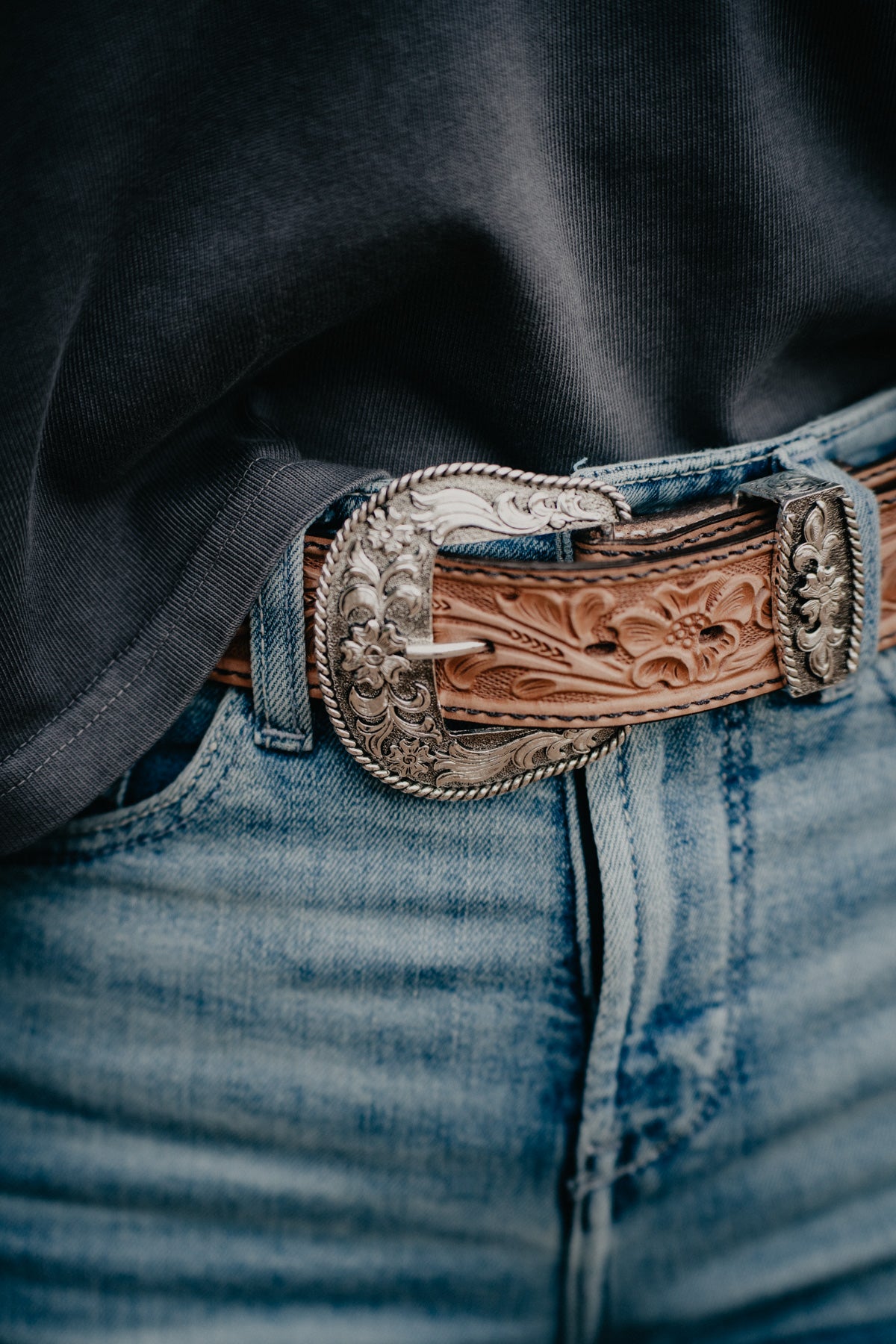 Pecan Vintage Floral Tooled Belt