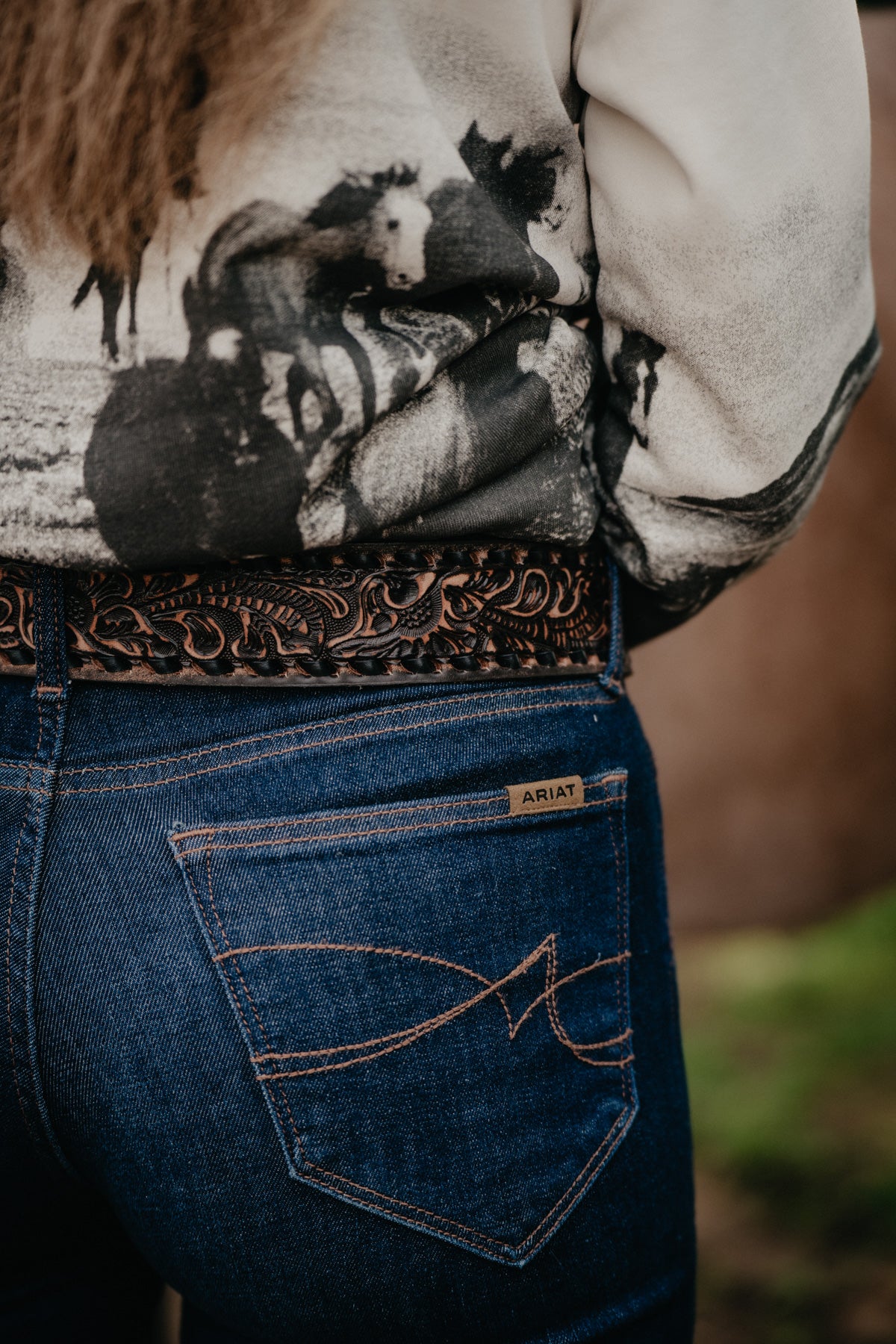 Tapered Vintage Floral Tooled Leather Belt with Black Buckstitch by Double J
