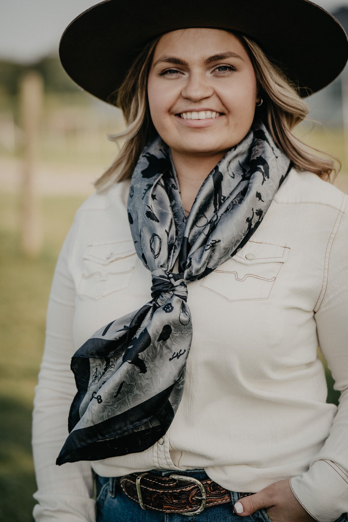 Cowboy Silhouette Printed Silk 42" X-Large Wild Rag (Charcoal & Rust)