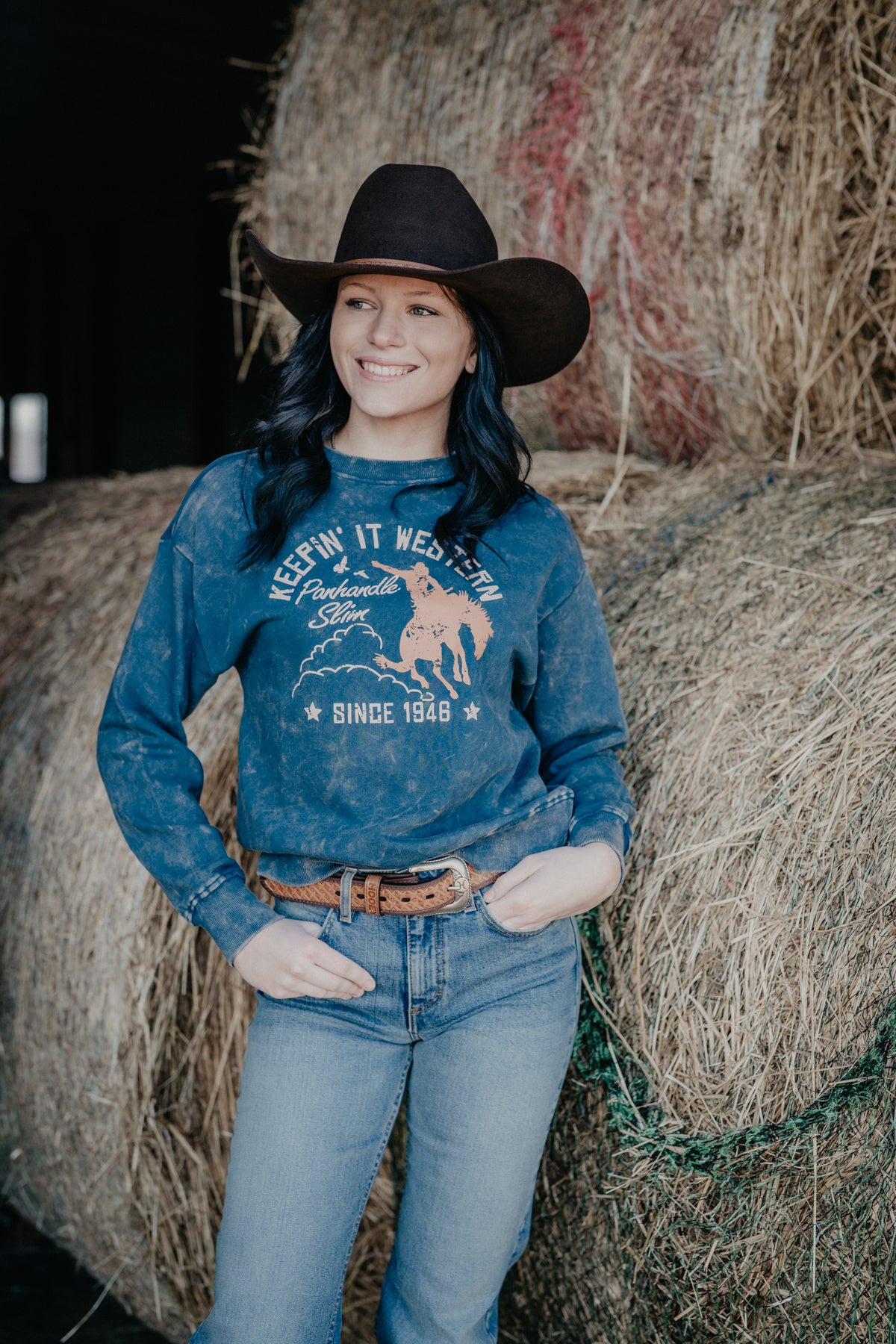 Keepin' It Western Mineral Washed Blue Sweatshirt (XS-XXL)
