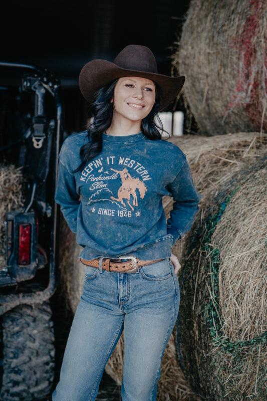 Keepin' It Western Mineral Washed Blue Sweatshirt (XS-XXL)