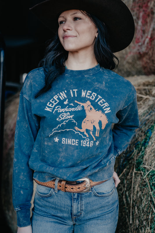 Keepin' It Western Mineral Washed Blue Sweatshirt (XS-XXL)