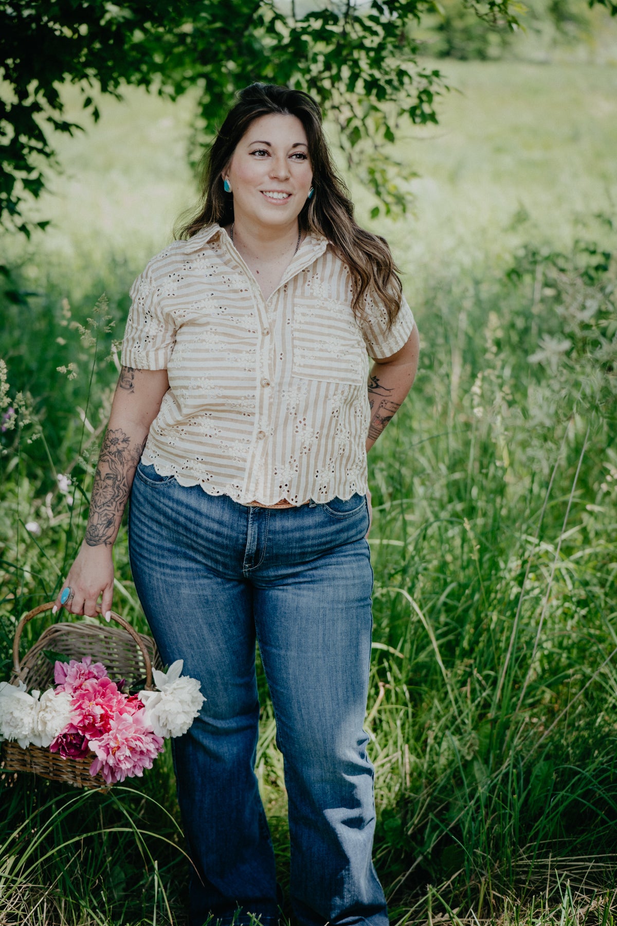 'Cheyanne' Tan Pin Stripe Eyelet Embroidered Top (S-L)