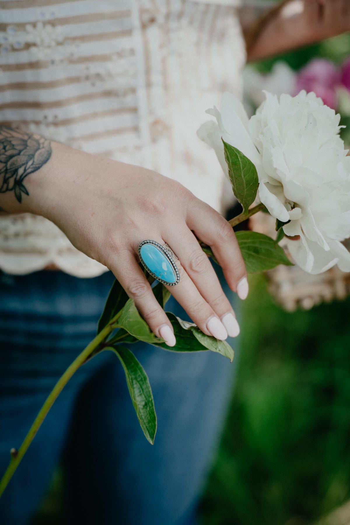 Blue Turquoise Ring with Beaded Boarder and Etched Band (Size 7)