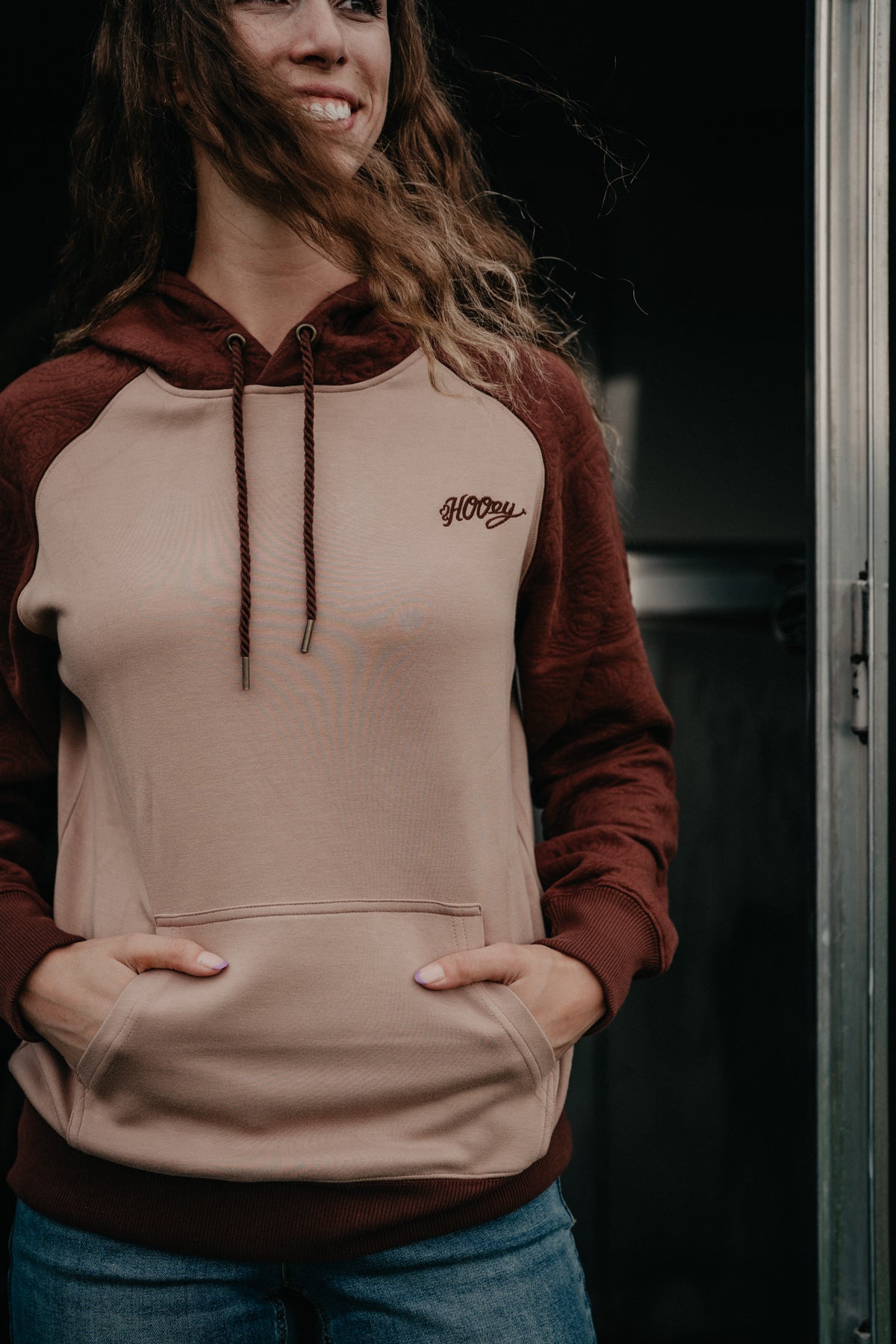 'Dolly' Women's Tan Hoodie with Brown Leather Pattern on Sleeve by HOOEY