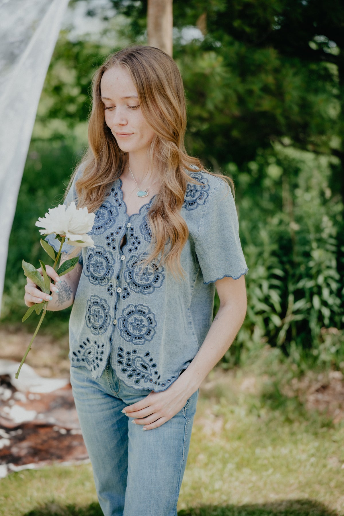 'Peony' Short Sleeve Denim Washed Embroidered Blouse (S-L)