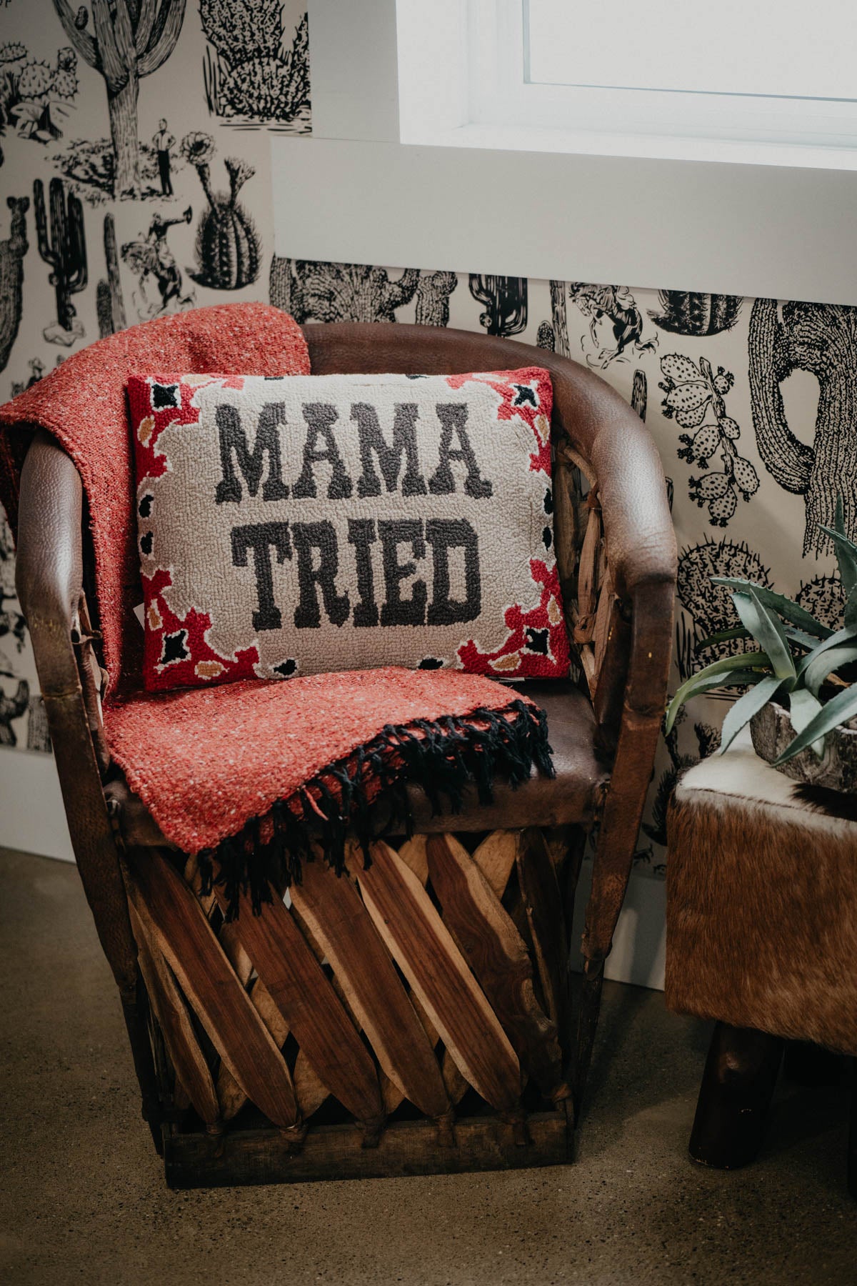 "Mama Tried" Rug Hooked Large Lumbar Accent Pillow