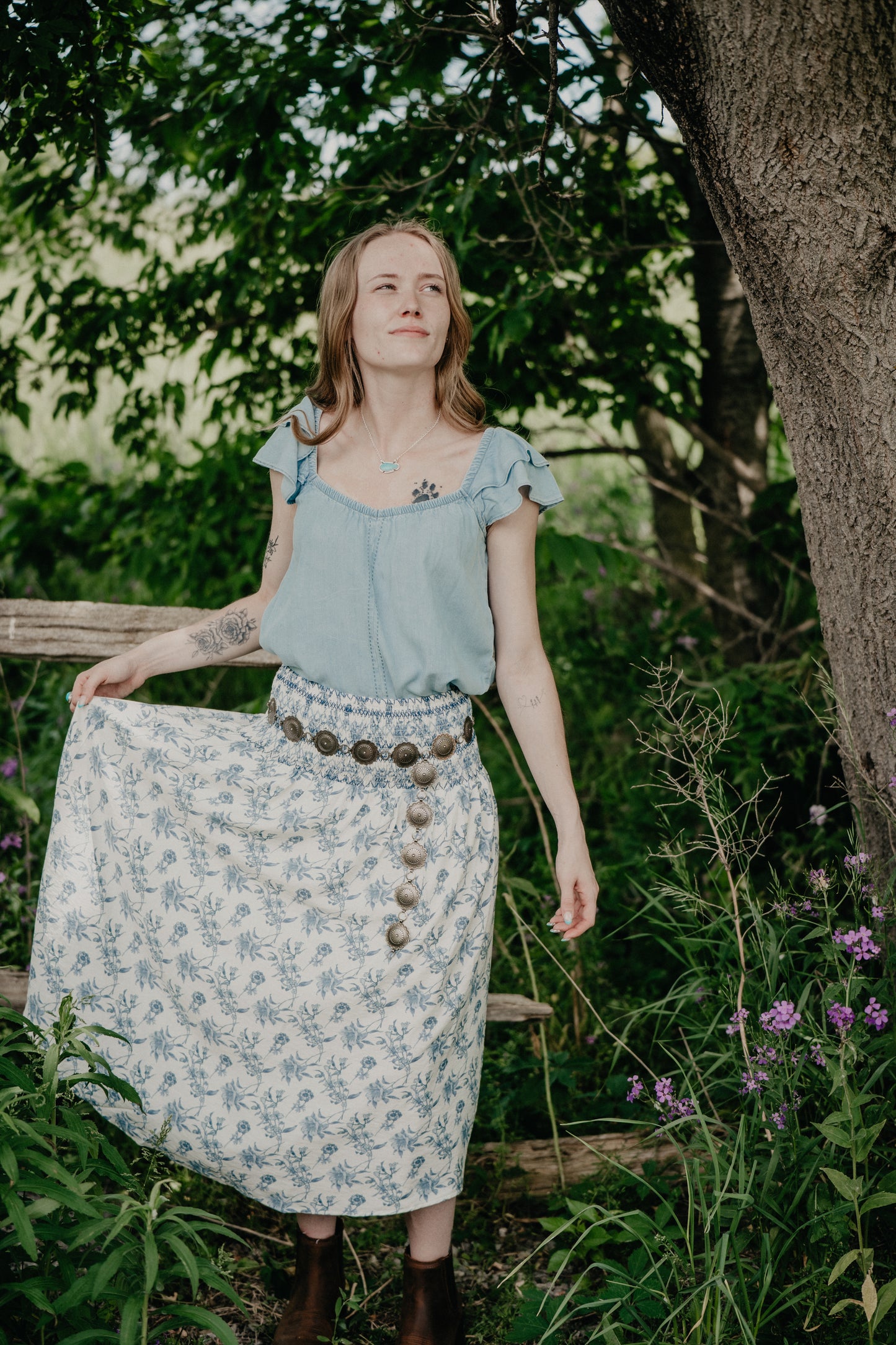 'Iris' Blue Floral Print Smocked Waist Midi Skirt (S-L)