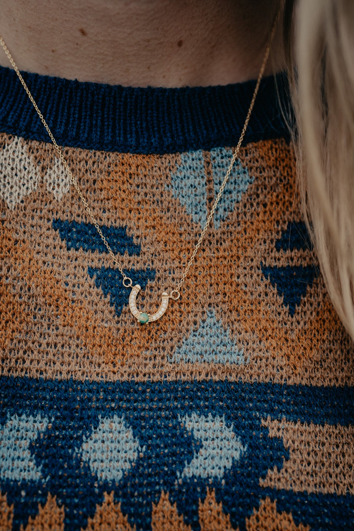 Gold Plated Kingman Horseshoe with Centre Turquoise Stone Necklace