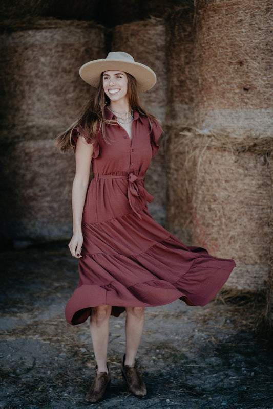 'Bridget' Clay Tiered Ruffle Sleeve Maxi Dress