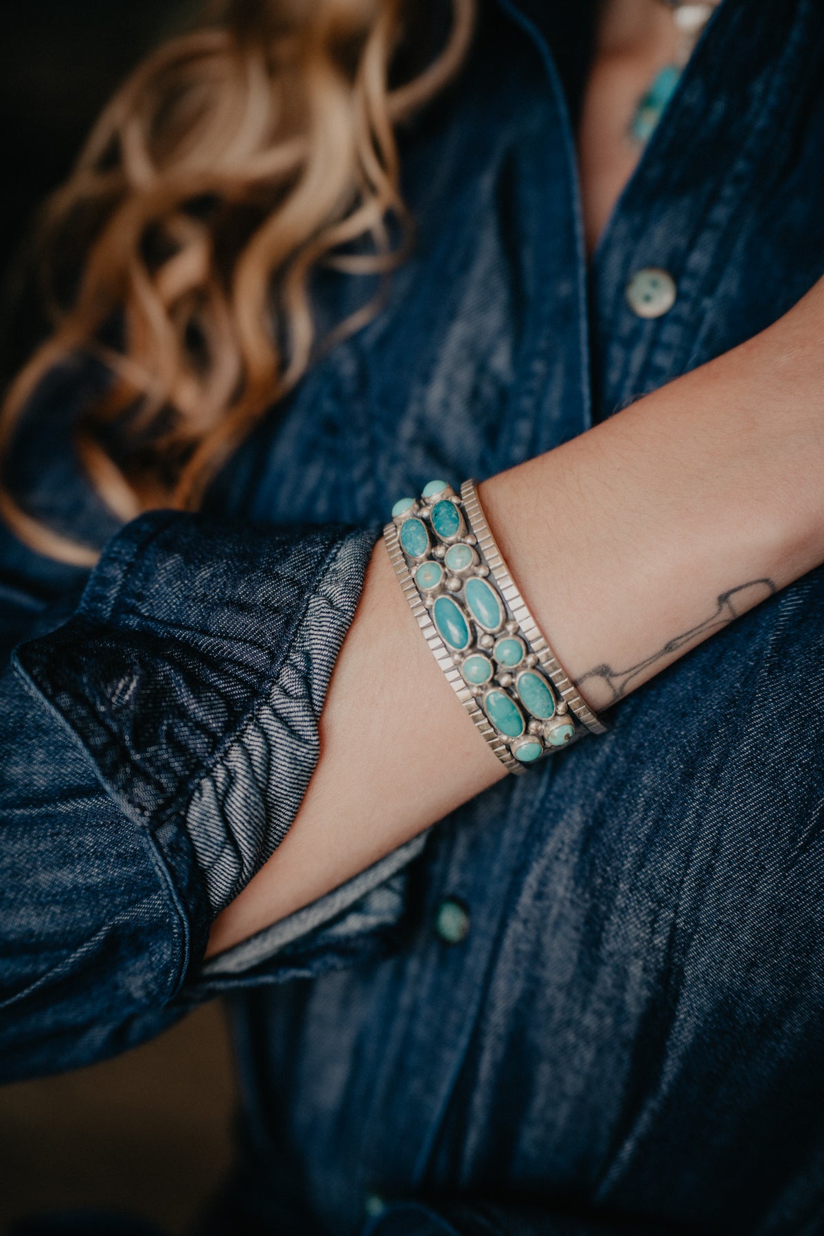 Sterling Turquoise Pattern Cuff With Engraved Detail