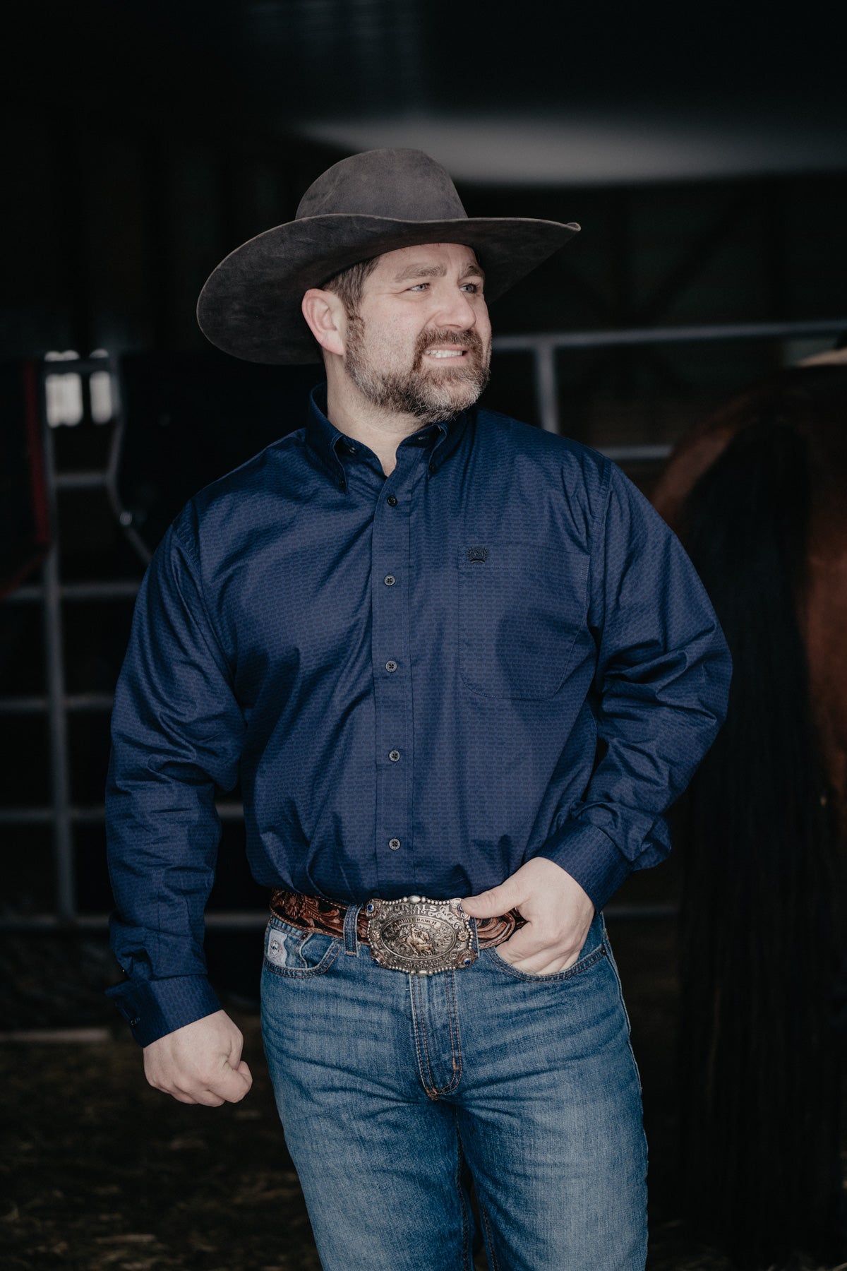 'Johnny' CINCH Navy Mini Cow Print Men's Button Up (XS,S,L Only)