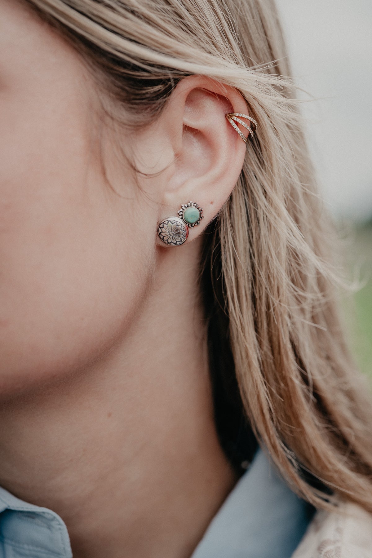 Kingman Turquoise Stud with Layered Boarder Earrings