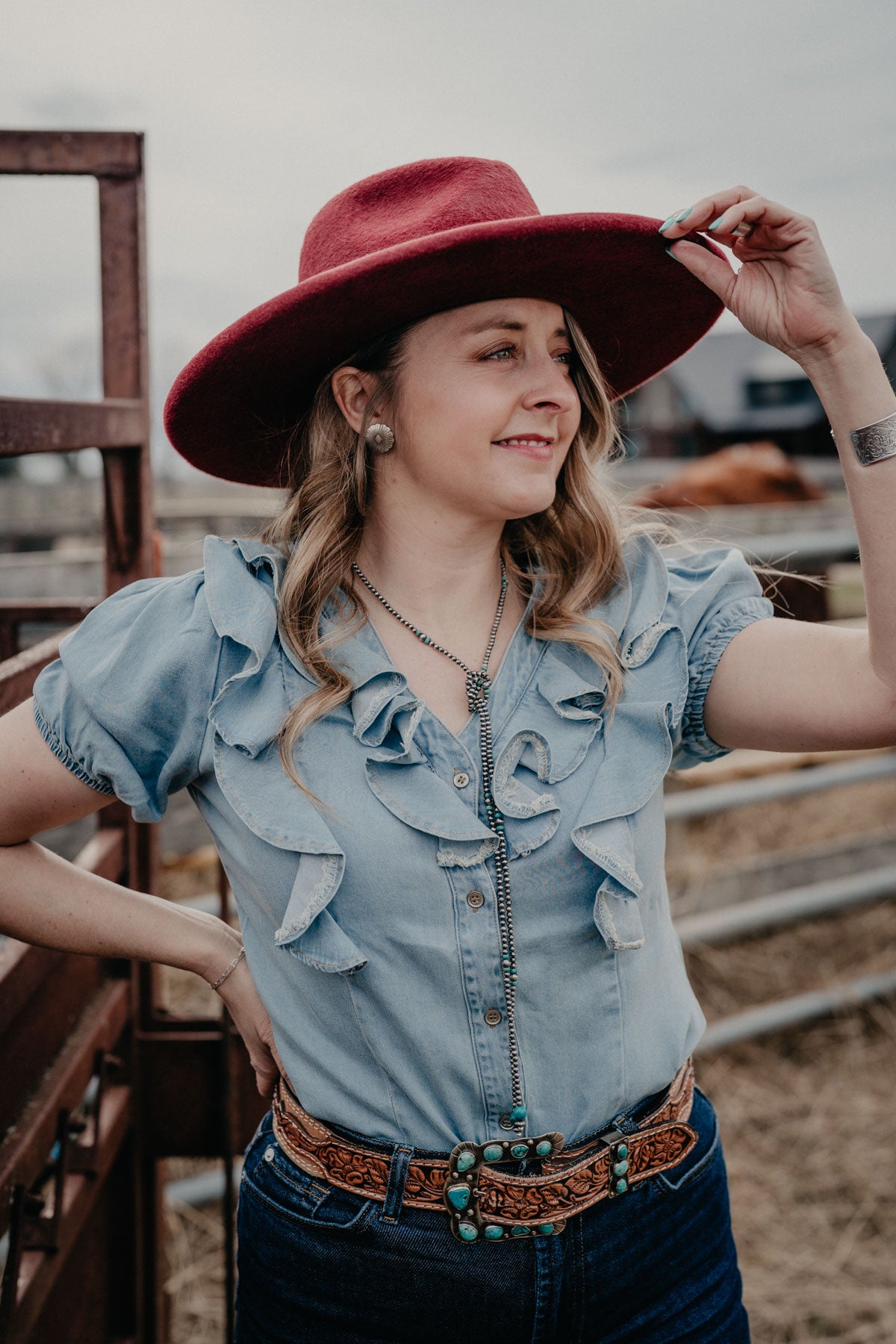 'Lori' Light Wash Denim Ruffle Women's Button Up (S-XXL)