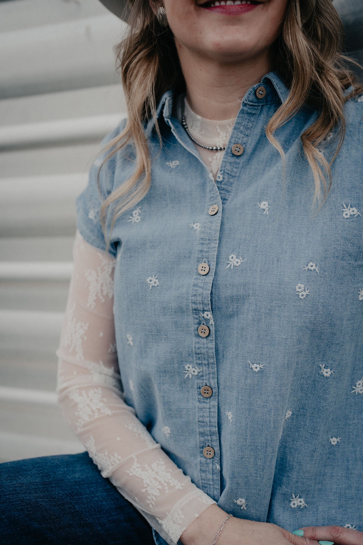 'Darling Denim' Women's Embroidered Floral Button Up (S-3X)