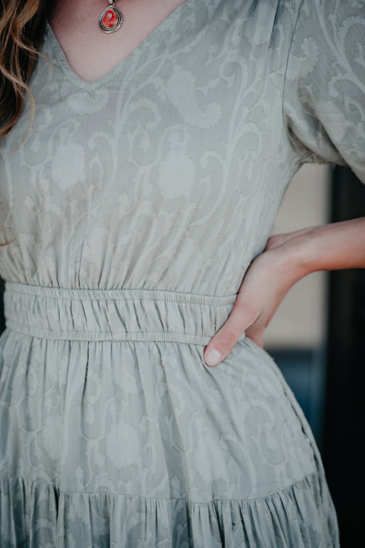 'Jacqulyn' Sage Jacquard Midi Dress (S - XL)