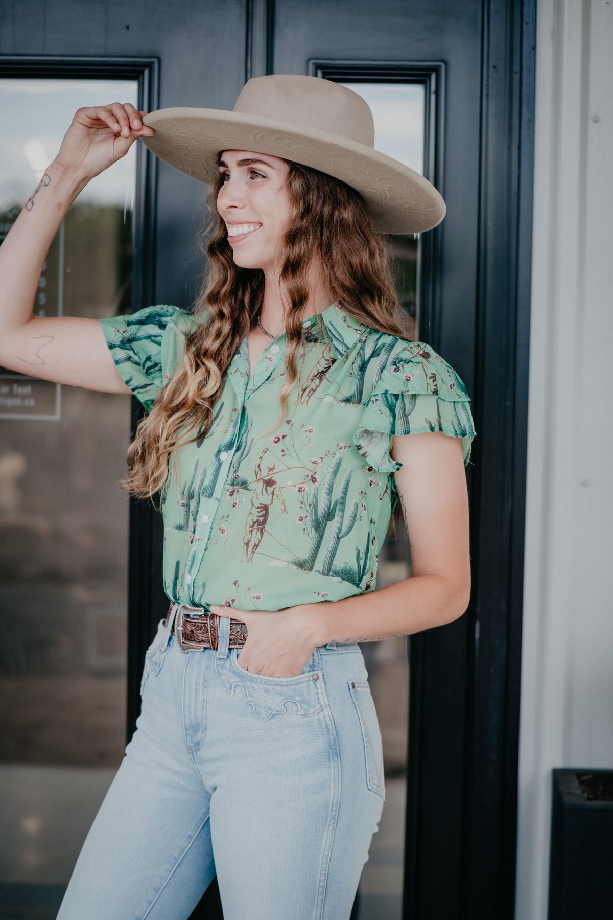 'Coral Cactus' Double Flutter Blouse (S-XL)