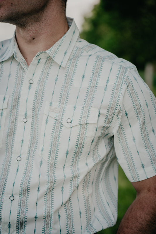 'Sonny' Men's Kimes Short Sleeve Ivory/Green Pearl Snap Shirt