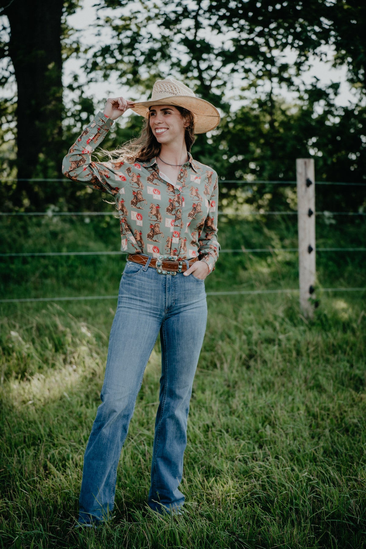 'Cowboy Stamps' Sage Green Long Sleeve Button Up by Panhandle Slim (S-XXL)