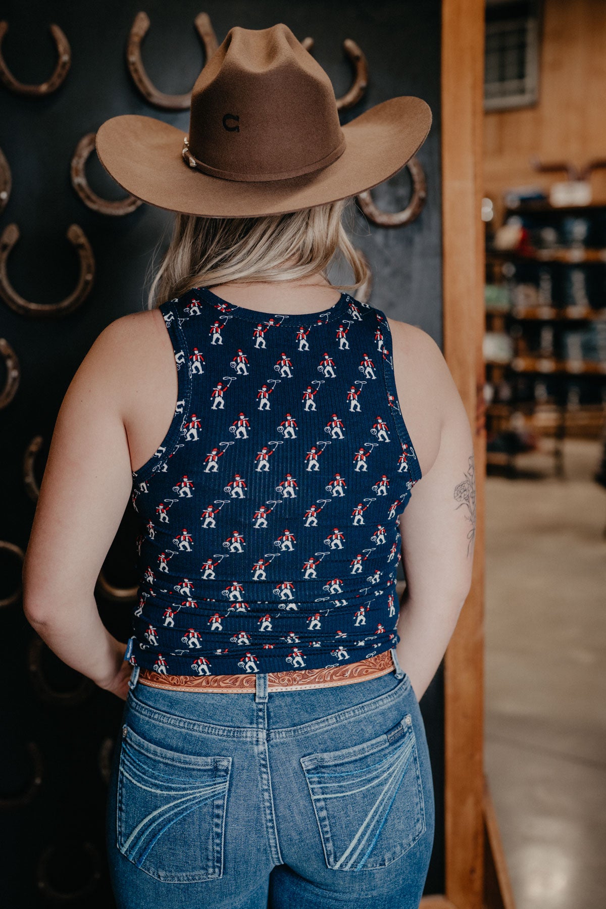 'Jamie' Women's Wrangler Cowboy Print Navy Tank Top (S-XXL)