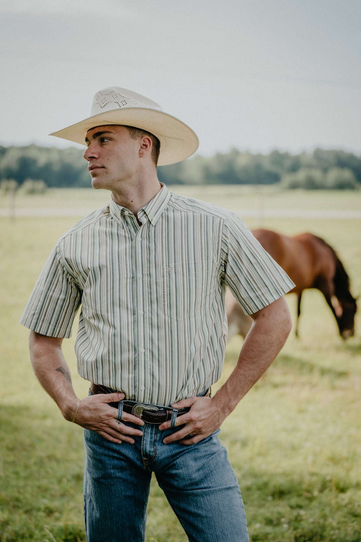 'Porter' Men's Ariat Short Sleeve Green Pin Stripe Button Down