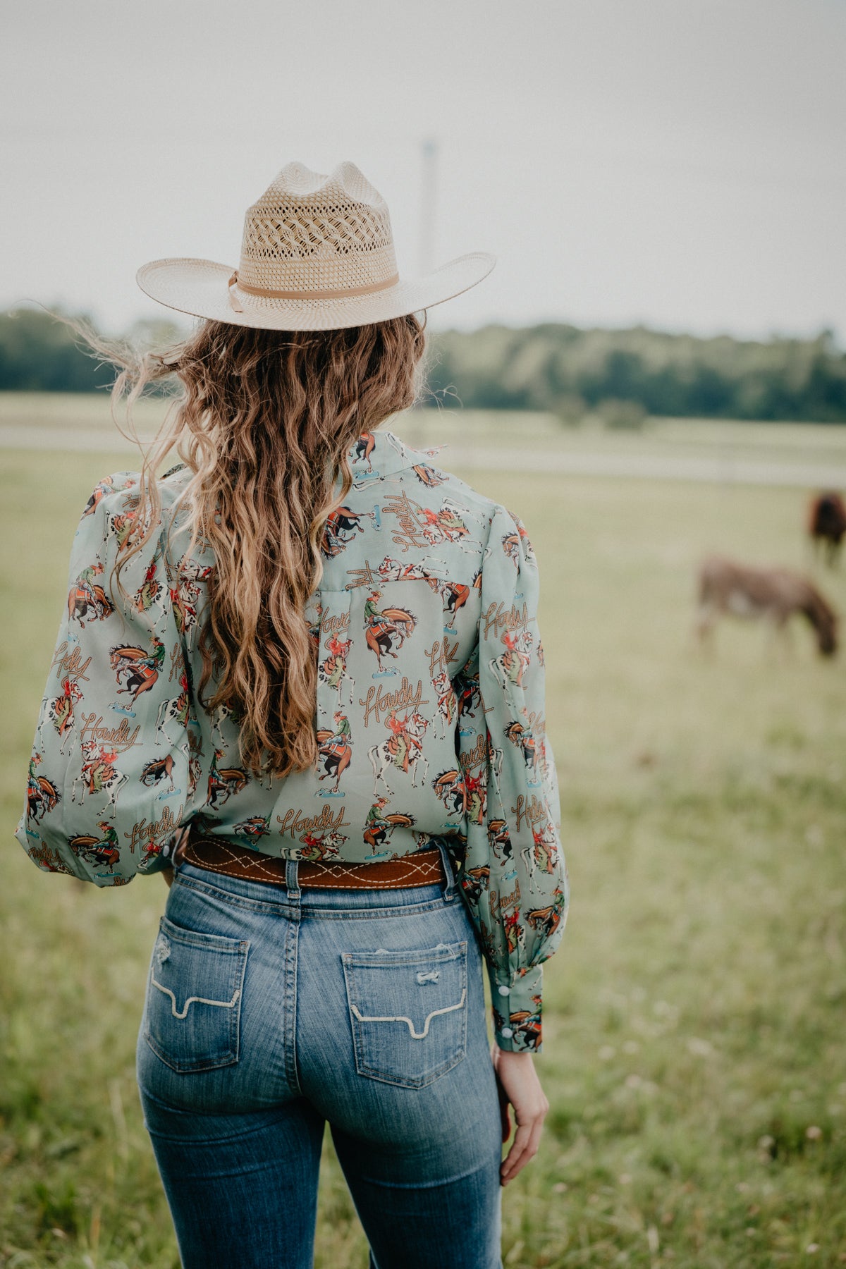 'Tina' Sage Green Western Print Button-Up Blouse (S-XL)