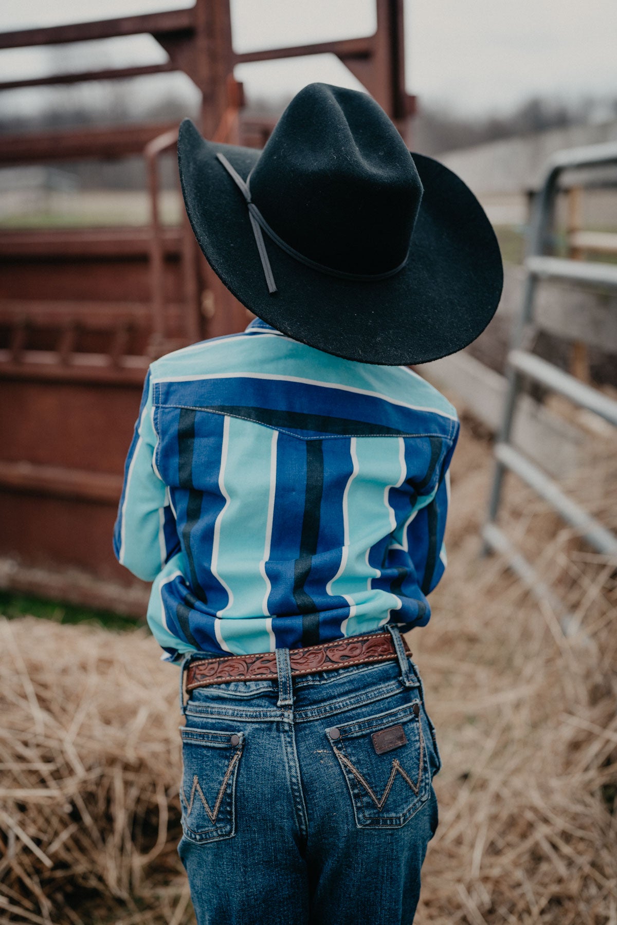'Jerry JR' Boy's Wrangler Blue/Teal Striped Brushpopper Shirt (XXS-XXL)