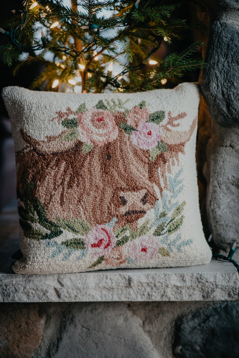 Highland Cow 16" Rug Hooked Pillow