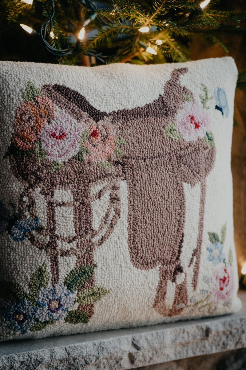 Rosewood Ranch Flag Saddle 18" Rug Hooked Pillow