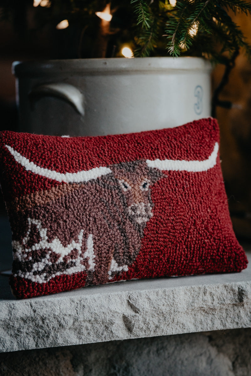 Small Longhorn Rug Hooked Pillow (8"x12")