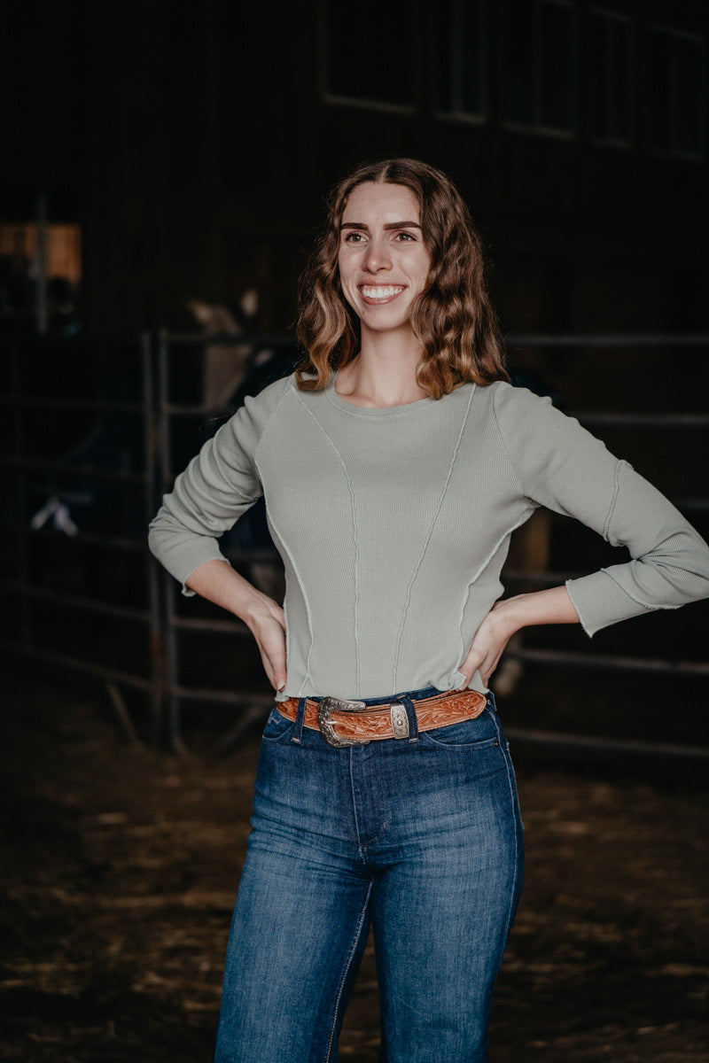 'Erin' Teal Long Sleeve Top with Exposed Seams (XS-XXL)