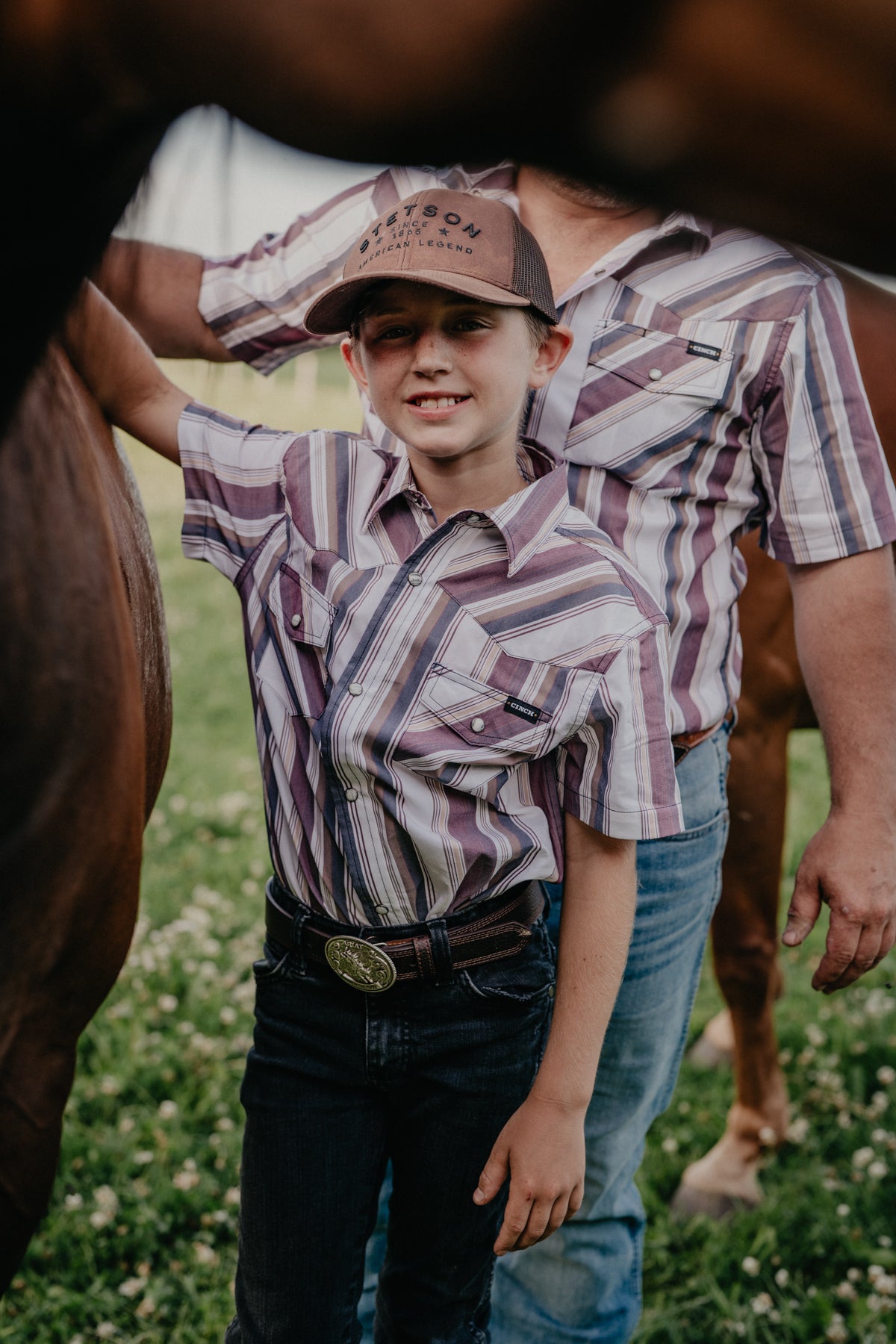 'Ryder Jr' Boy's Burgundy/Tan/White Stiped Short Sleeve Pearl Snap by CINCH (XS-XL)