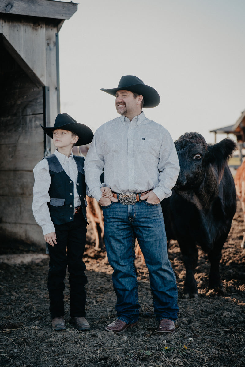 'Sterling Jr' CINCH Boy's Grey Paisley on White Button Up (XS-XL)
