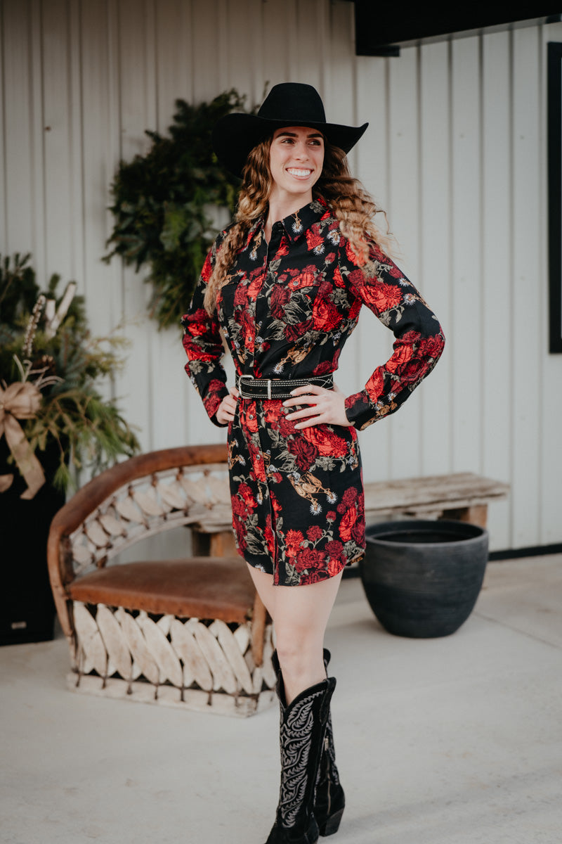 'Jessa' Women's Wrangler Floral Black Snap Dress (S-XXL)