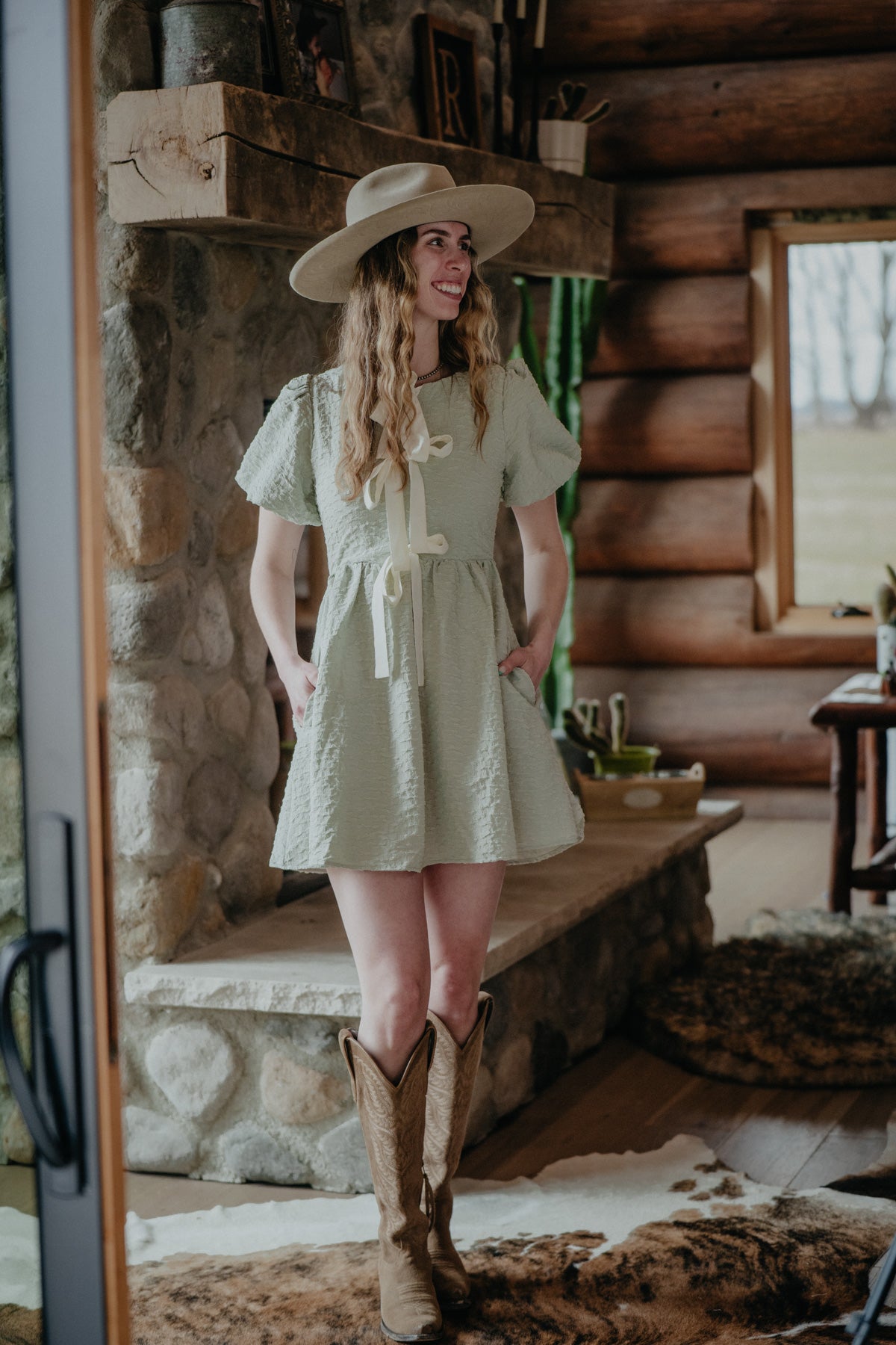 'May' Soft Sage Bow Tie Front Dress (S ONLY)