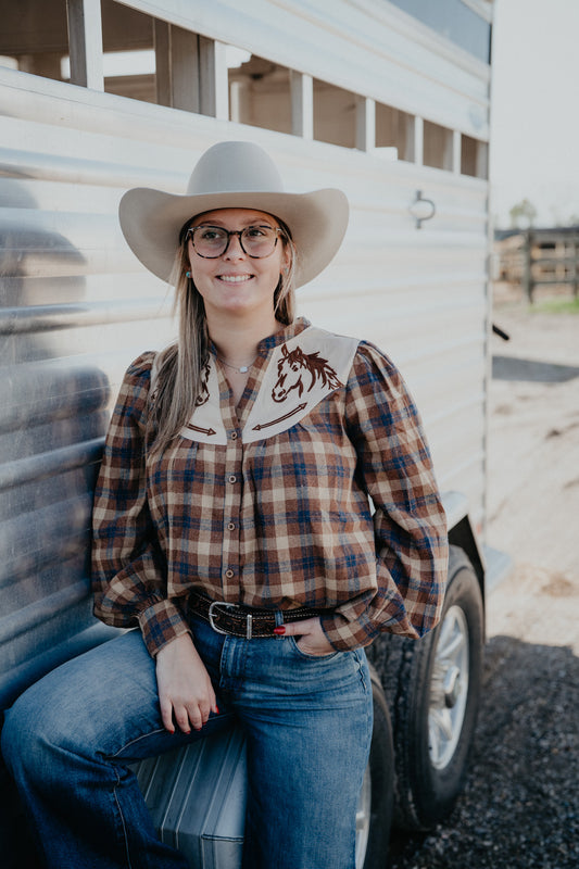 'Greta' Horse Embroidered Plaid Button Up Blouse