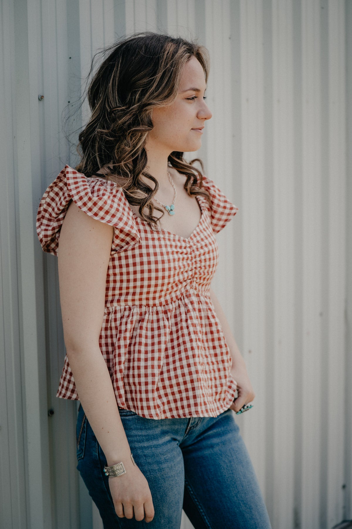 'Everden' Rust/Ivory Gingham Smocked Cap Sleeve Top (S - XXL)
