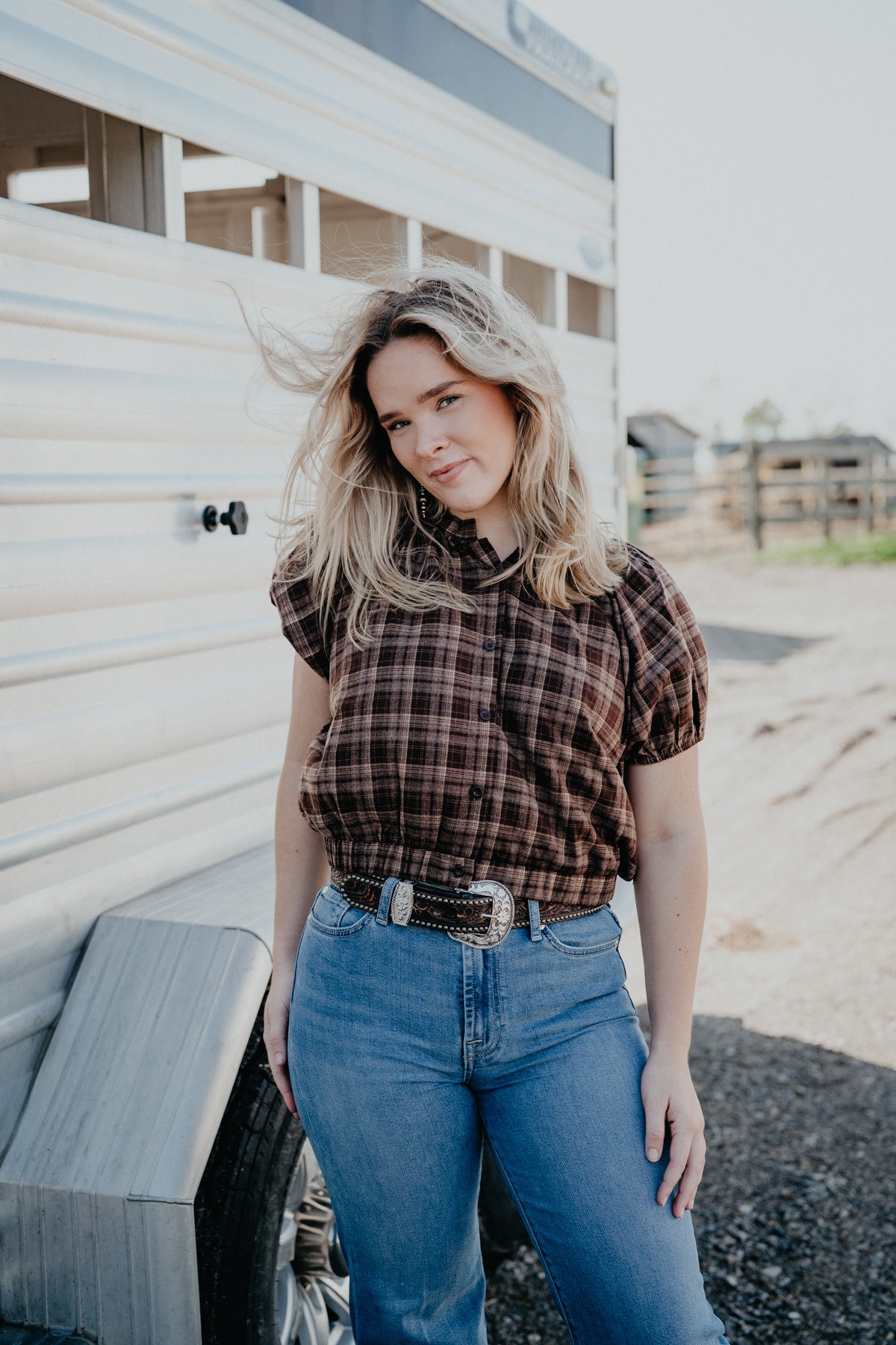 'Winnie' Button Up Puff Sleeve Plaid Top