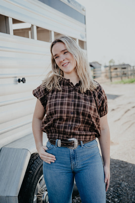 'Winnie' Button Up Puff Sleeve Plaid Top