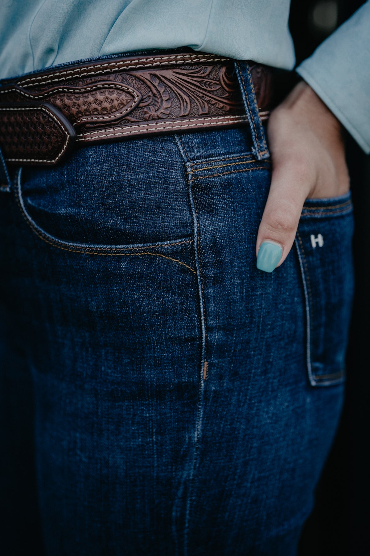 'Bella' Haala Denim Trouser Jean {Deep Ocean with Gold Stitching}