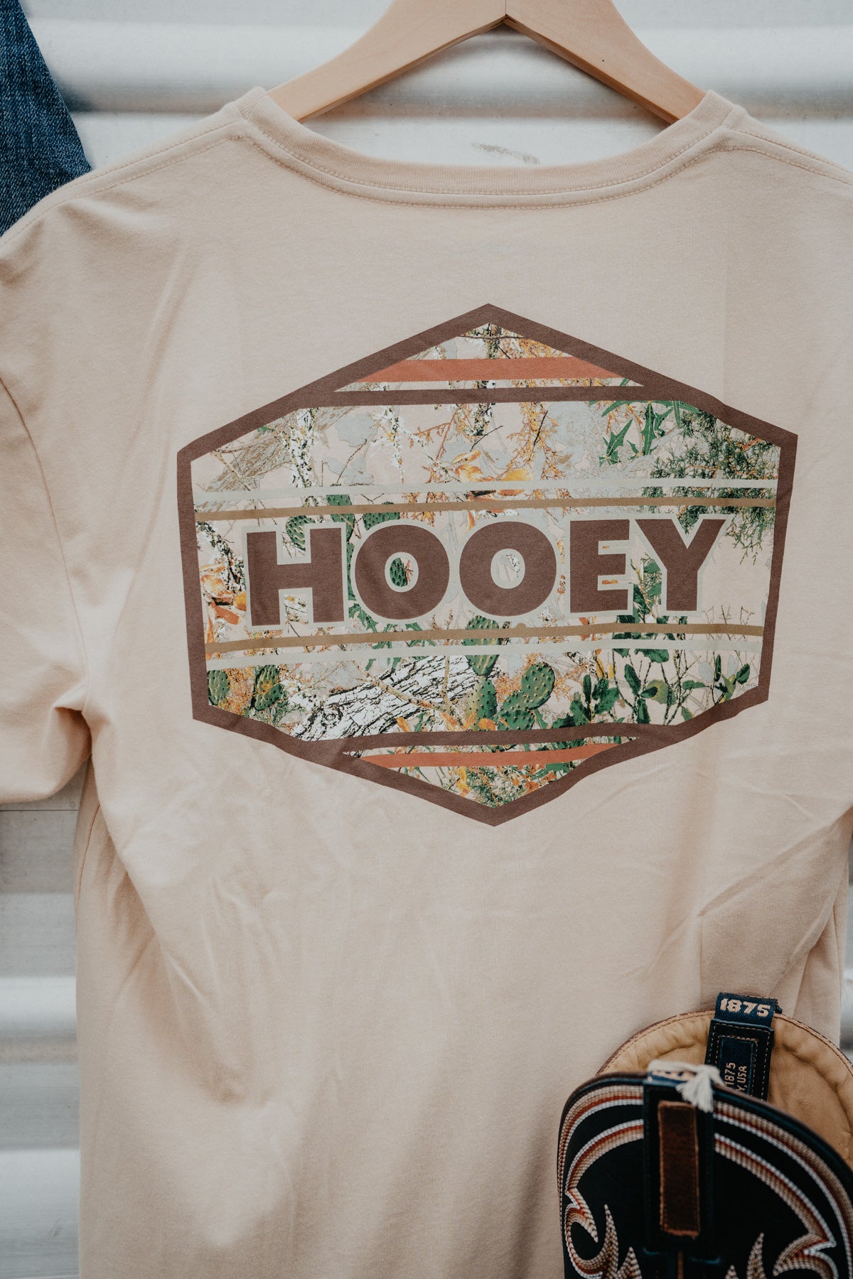 'Flint' Men's Tan Crew Neck T-Shirt with Camo Hooey Logo on Back