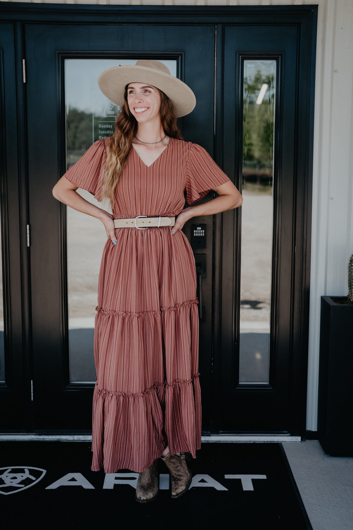 'Terra Rose' V-Neck Clay Stripe Maxi Dress