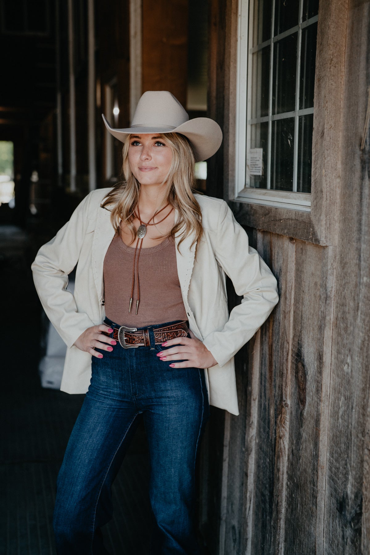 'Brandi' Beige Leathered Textured Western Yoke Blazer