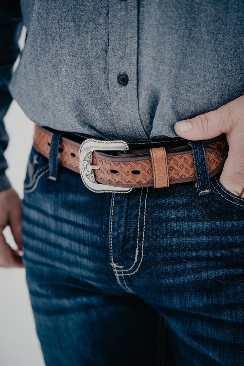 'Hands-Up' Basket Weave Hooey Embossed Natural Leather belt by Hooey (32-44)