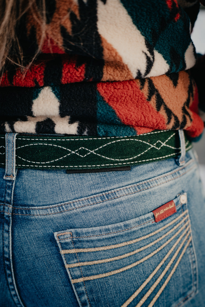 Green Suede Belt with White Figure 8 Stitching by Double J Saddlery