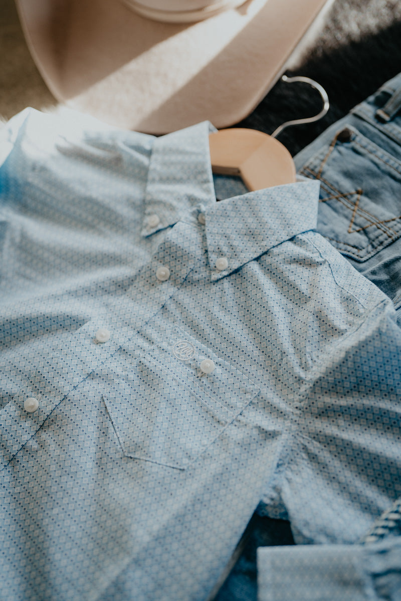 'Waylon JR' Boys Wrangler Bright Blue/White Geometric Button Down Shirt (XXS-XXL)